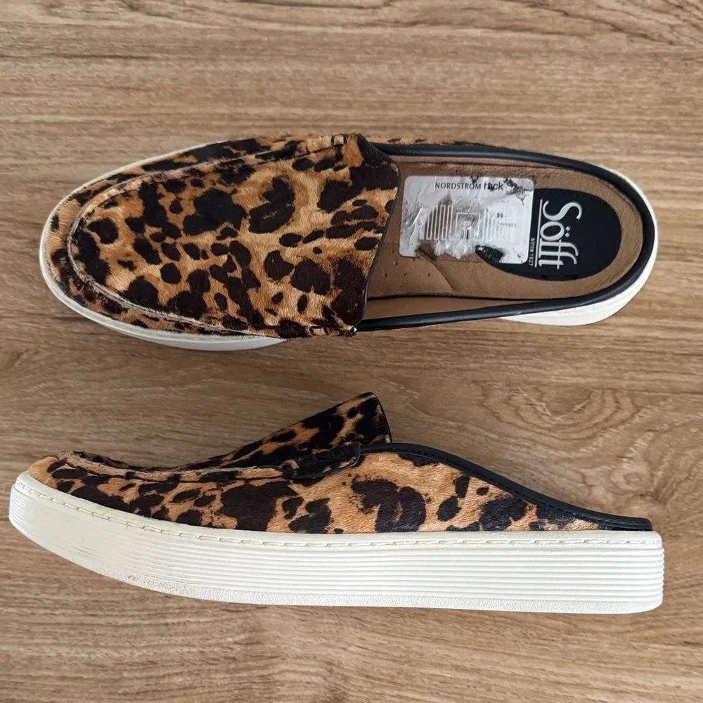 Sofft Women's Leopard Print Leather Cow Hair Slip-On Shoes Loafers Casual Sz 8.5